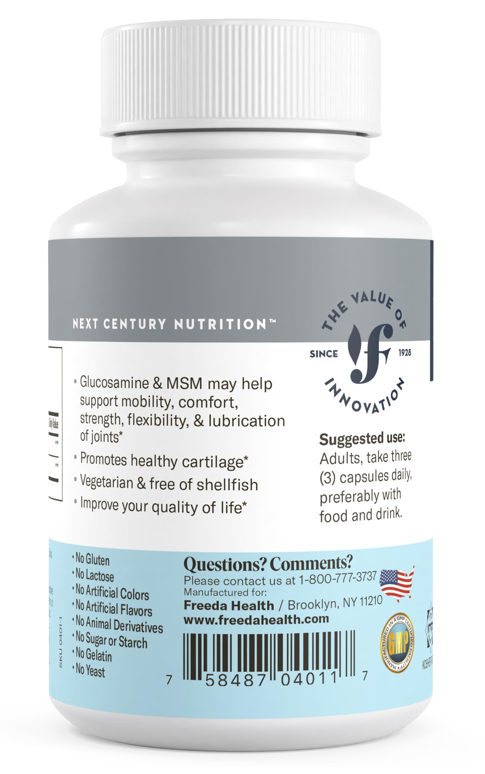 FREEDA Glucosamine MSM ingredients panel highlights MSM content.