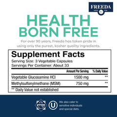 Freeda Glucosamine MSM ingredients panel indicates clean, kosher-quality components