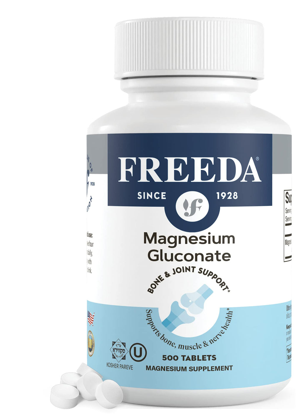 Freeda Magnesium Gluconate bottle label, vegan and gluten-free formula for sensitive stomachs.