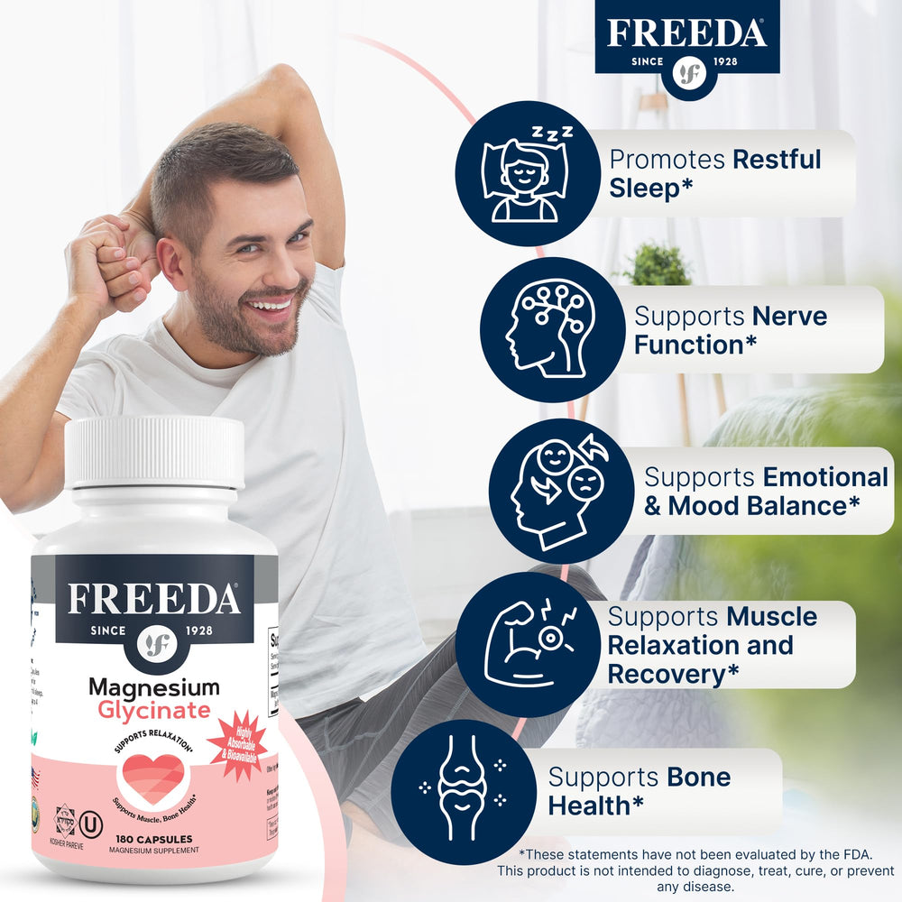 Freeda Magnesium Glycinate label view shows clean, oxide-free formulation.
