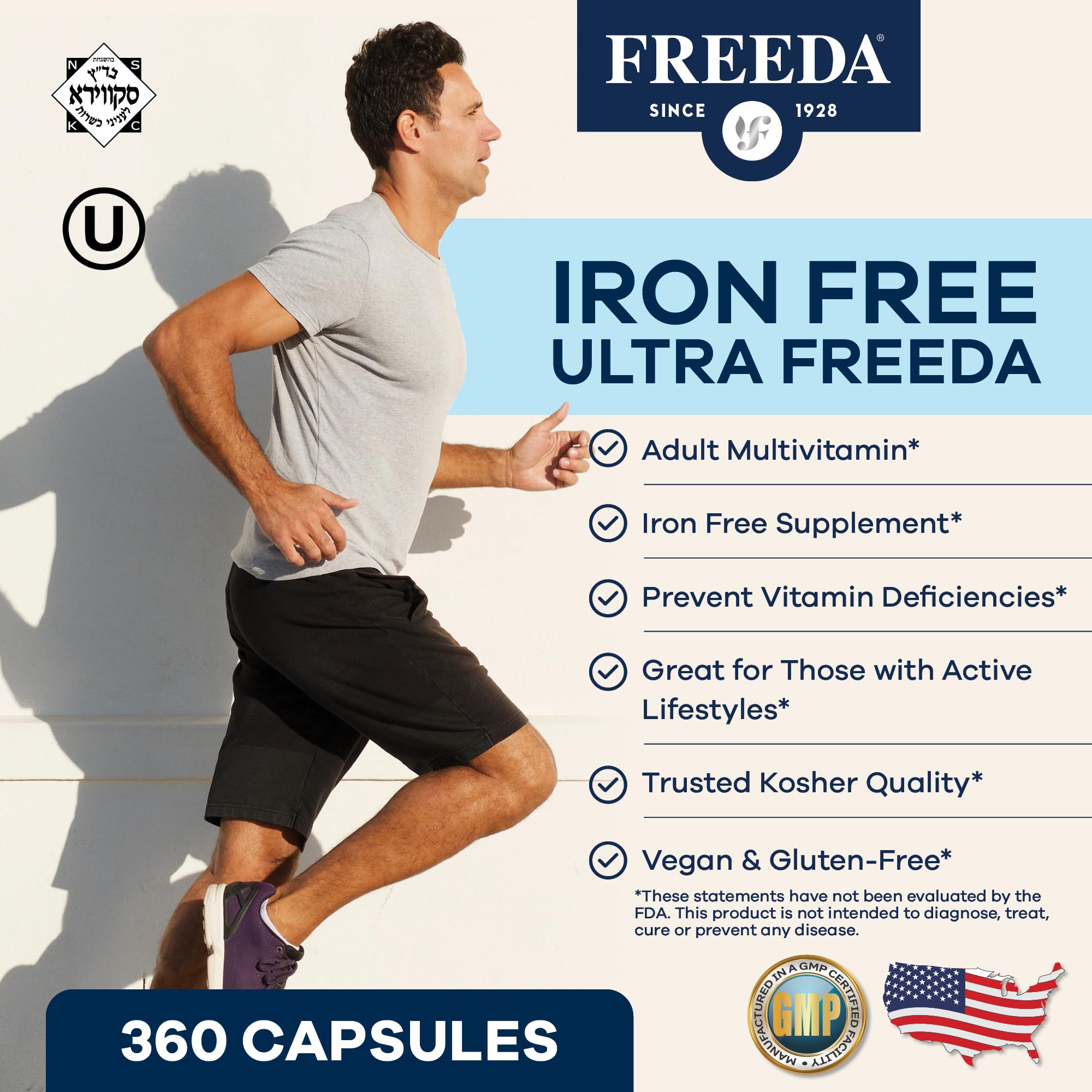 FREEDA capsules close-up highlighting iron-free nutrient blend.