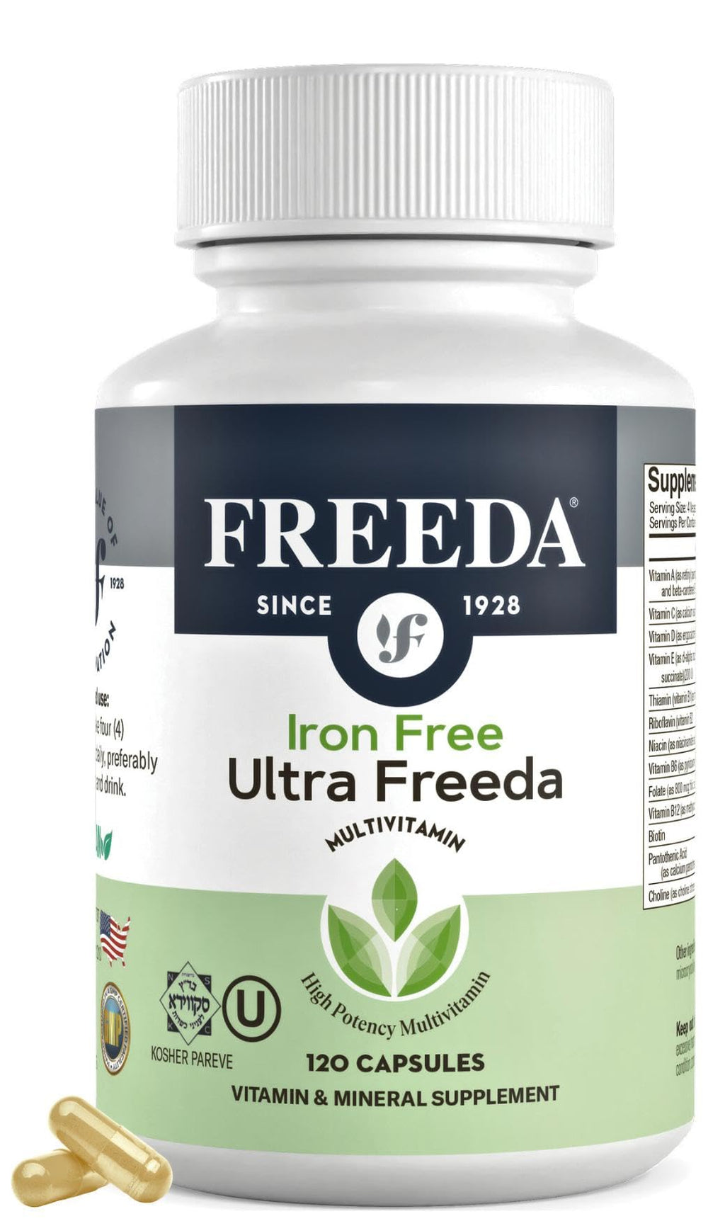 Freeda Maximum Strength bottle front for iron-free daily support for active adults