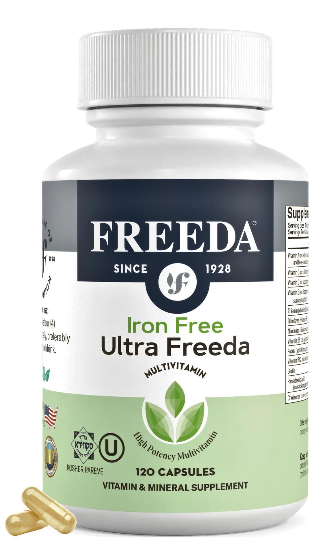 Freeda Maximum Strength bottle front for iron-free daily support for active adults