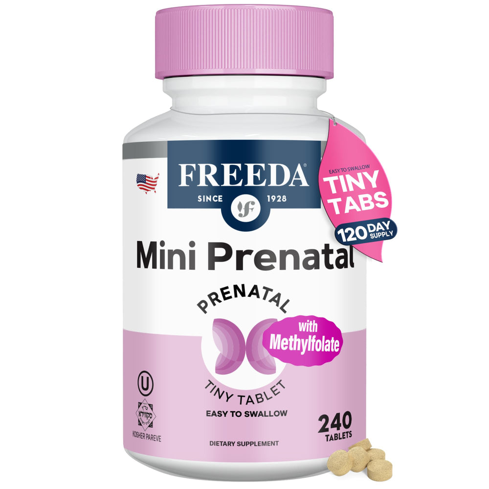 Freeda Mini Prenatal bottle front view showing compact, easy-to-store packaging for daily use
