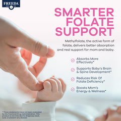 Freeda Mini Prenatal ingredients panel featuring folic acid, iron, and vitamin D