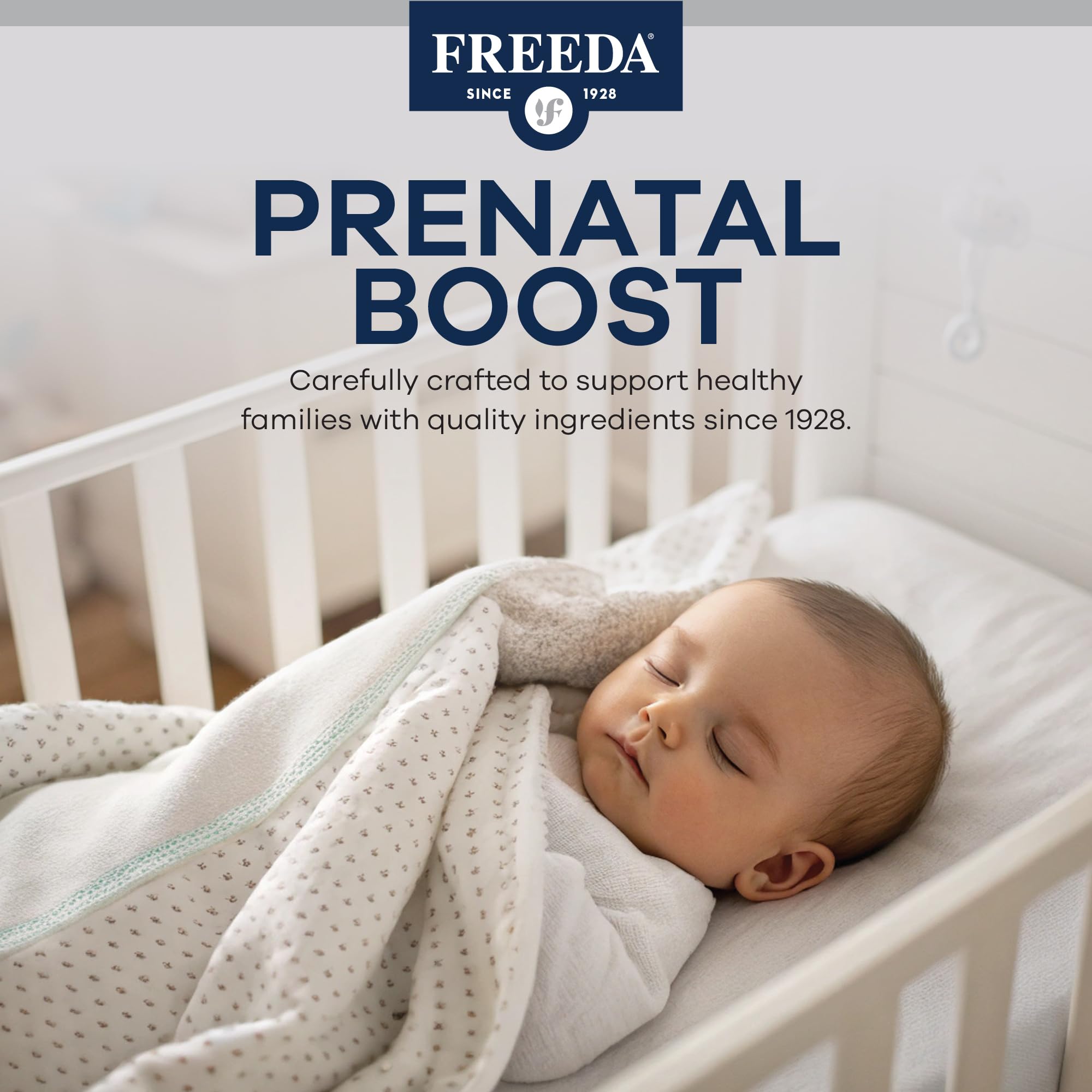 Freeda Mini Prenatal tablets close-up highlighting tiny, easy-to-swallow size for mornings