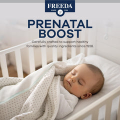 Freeda Mini Prenatal tablets close-up highlighting tiny, easy-to-swallow size for mornings