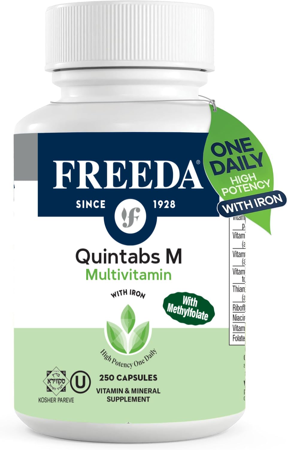 FREEDA Quintabs-M with Iron bottle front, easy daily capsule for busy adults.