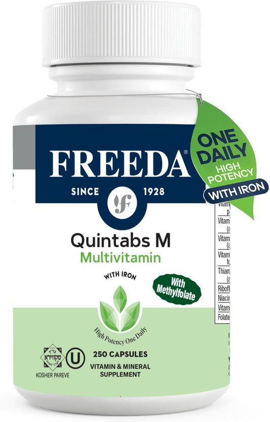 FREEDA Quintabs-M with Iron bottle front, easy daily capsule for busy adults.