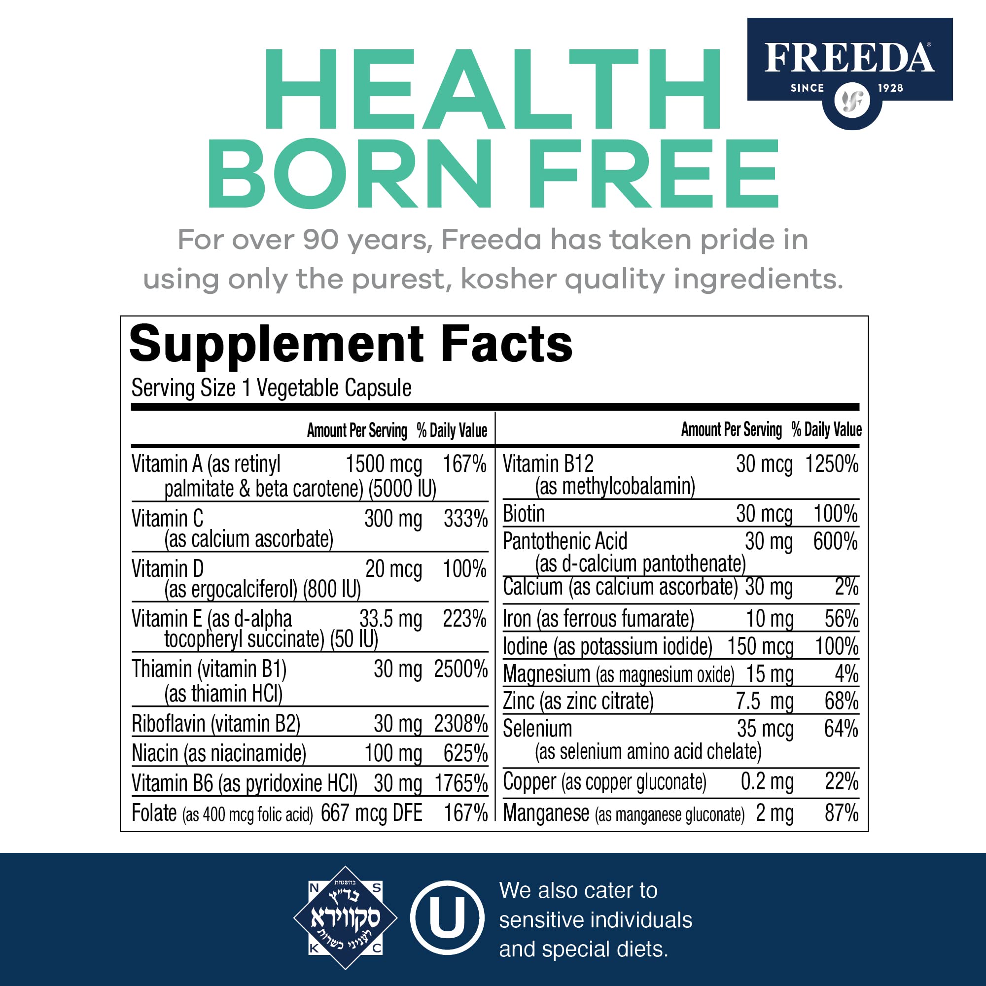 Capsules spilled from FREEDA Quintabs-M bottle, smooth and easy to swallow.