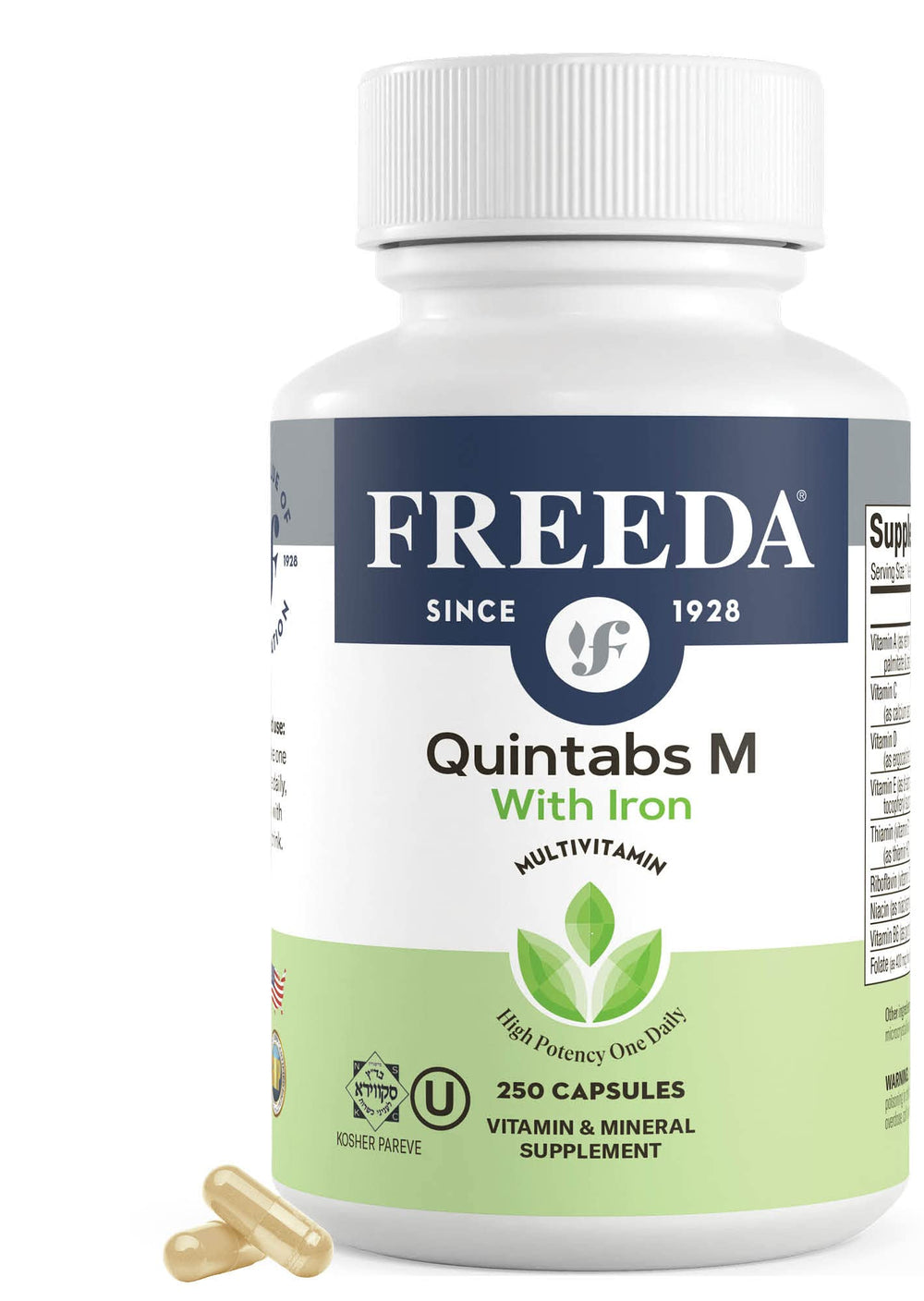 FREEDA Quintabs-M bottle resting with calendar motif, one capsule per day.
