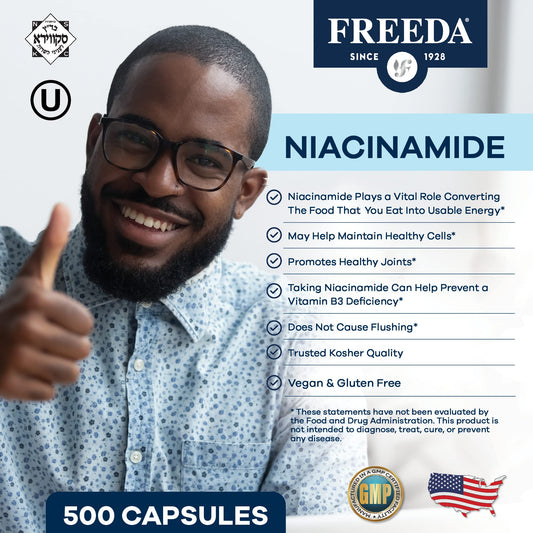 Freeda Niacinamide capsules close-up with smooth shells for easy swallowing.