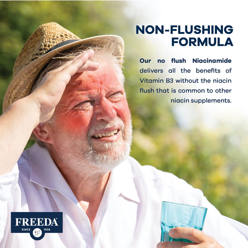 Freeda Niacinamide display kosher and vegan certifications for dietary supplement compliance.