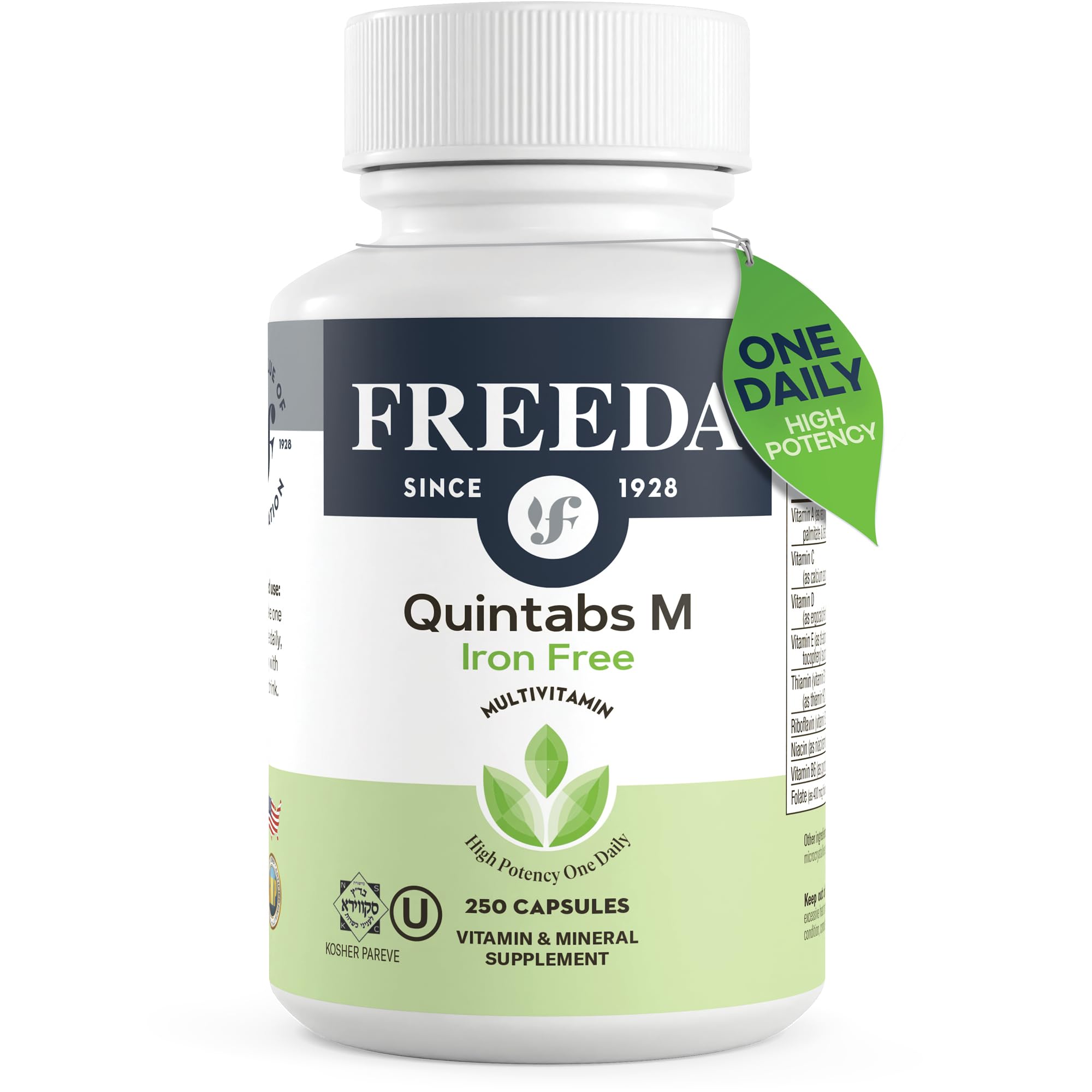 FREEDA One Daily Multivitamin bottle closeup showing iron-free formula for adults.