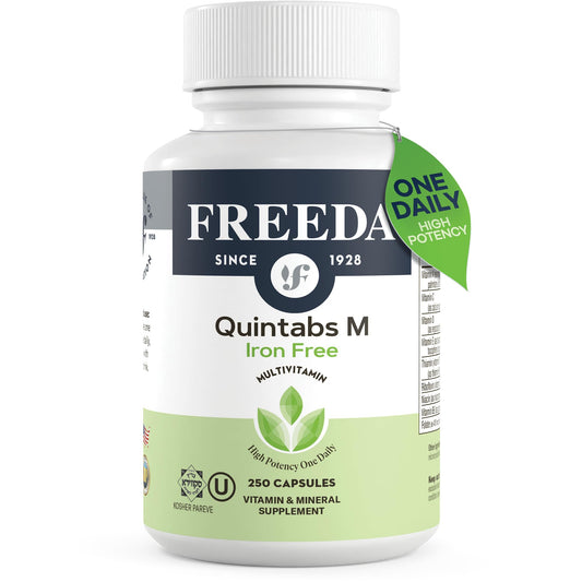 FREEDA One Daily Multivitamin bottle closeup showing iron-free formula for adults.