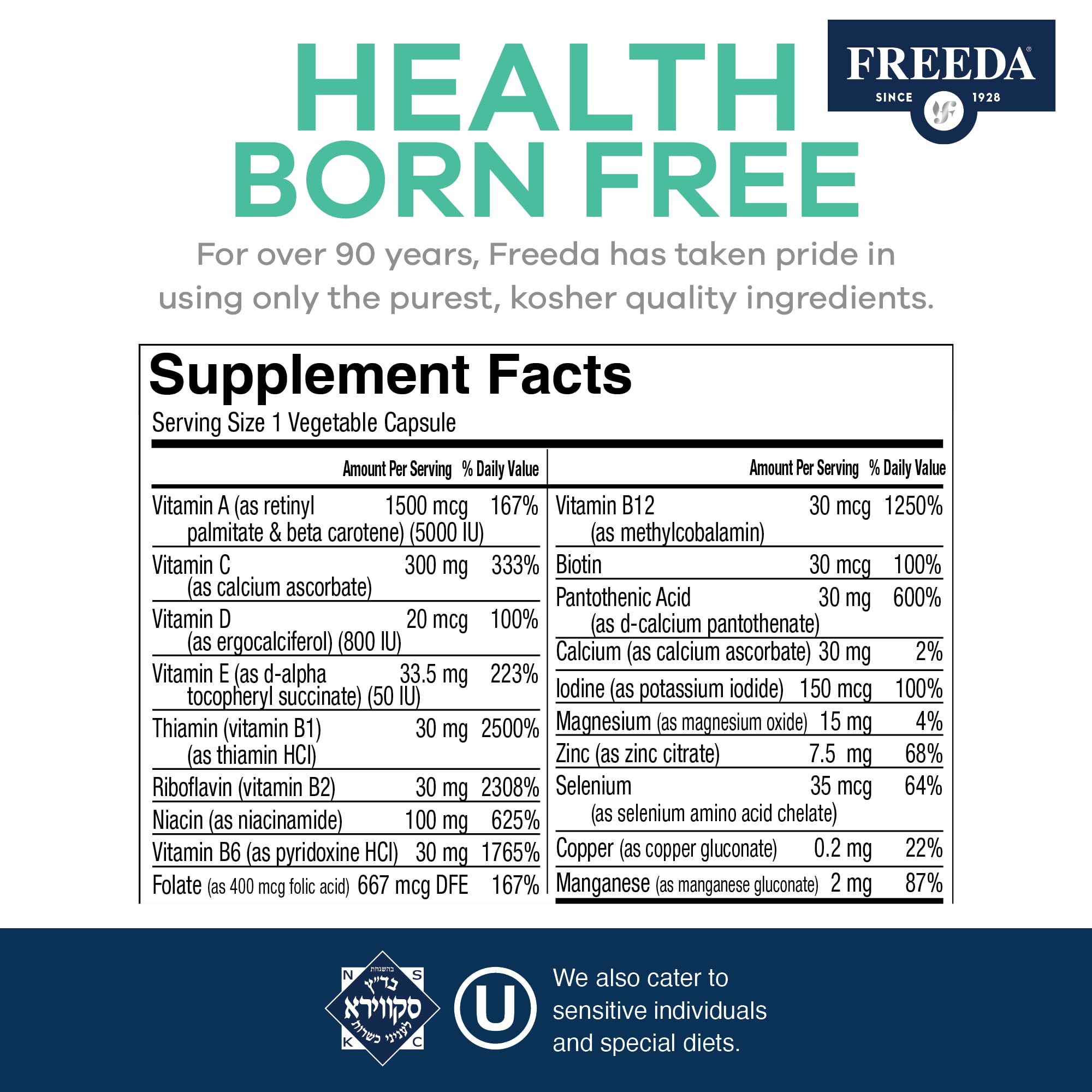 FREEDA One Daily Multivitamin capsules in hand ready for daily use.