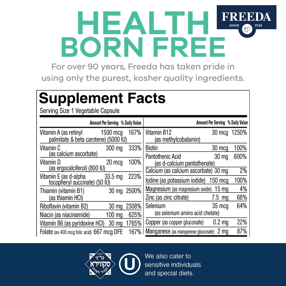 FREEDA One Daily Multivitamin capsules in hand ready for daily use.