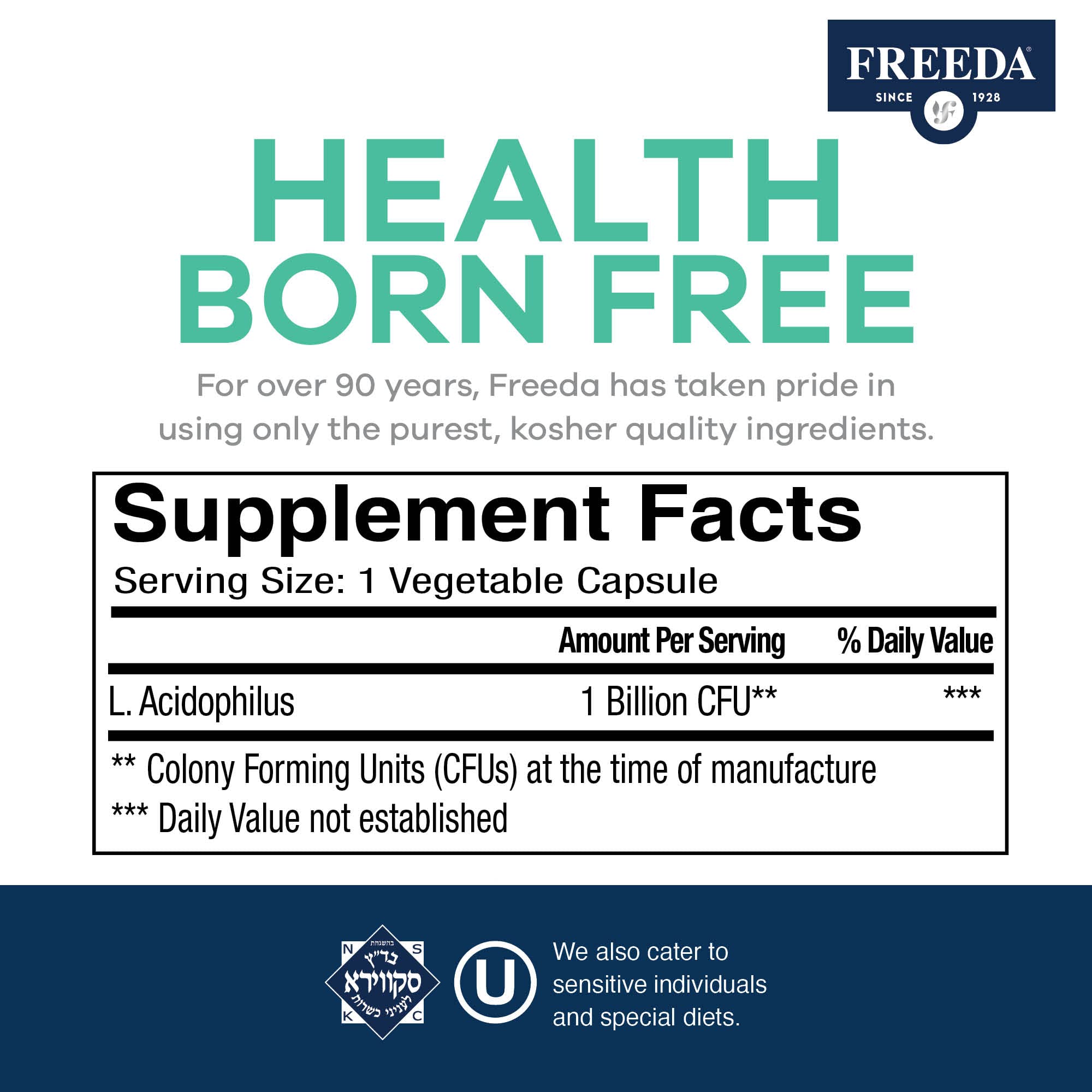 FREEDA packaging shows organic inulin and blue agave prebiotics