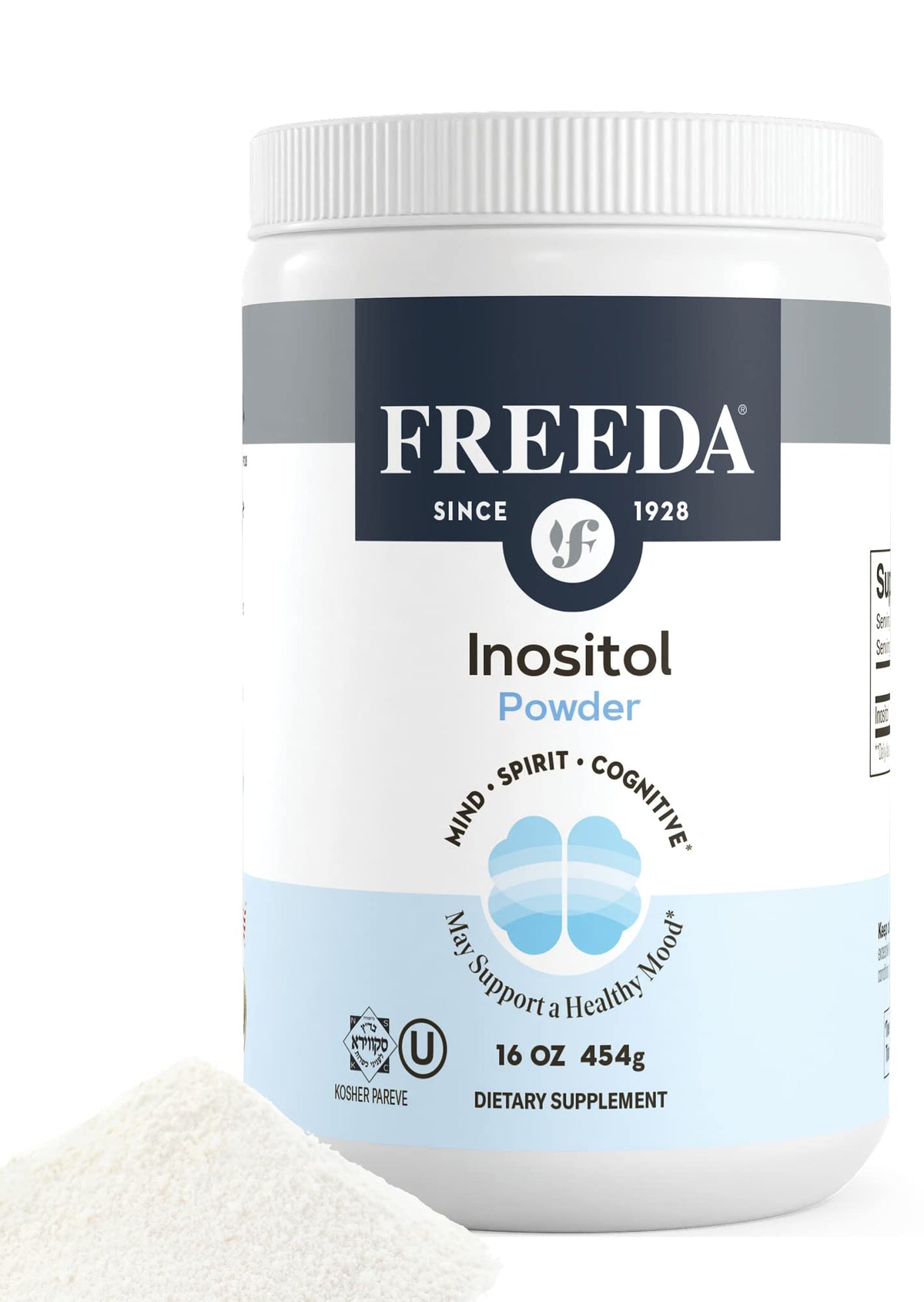 Freeda Pure Myo-Inositol powder bottle supporting mood balance and focus.