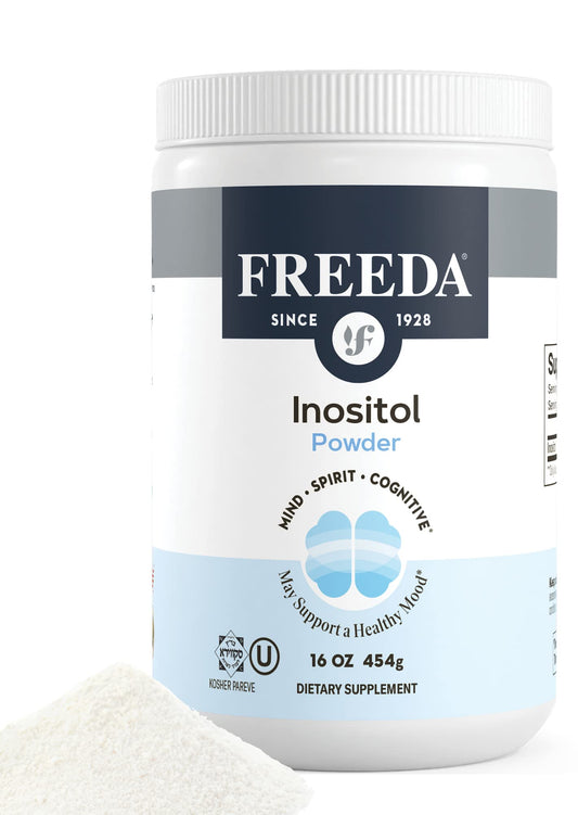 Freeda Pure Myo-Inositol powder bottle supporting mood balance and focus.