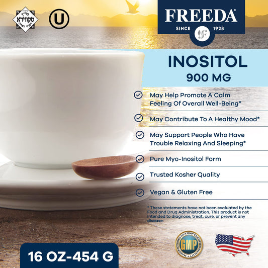 Freeda Myo-Inositol powder measuring scoop for precise daily dosing.