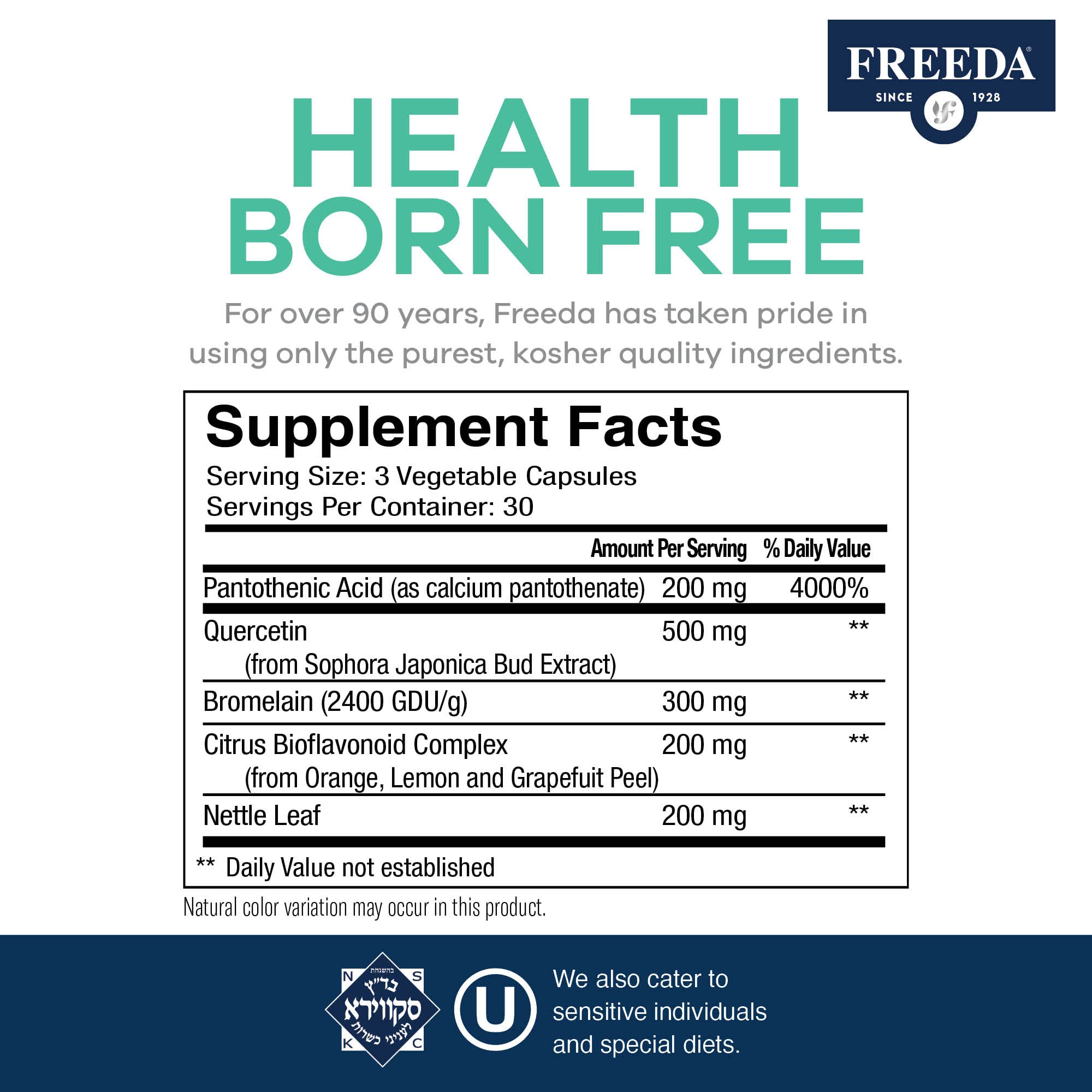 FREEDA Quercetin capsules close-up emphasizes natural antioxidant blend