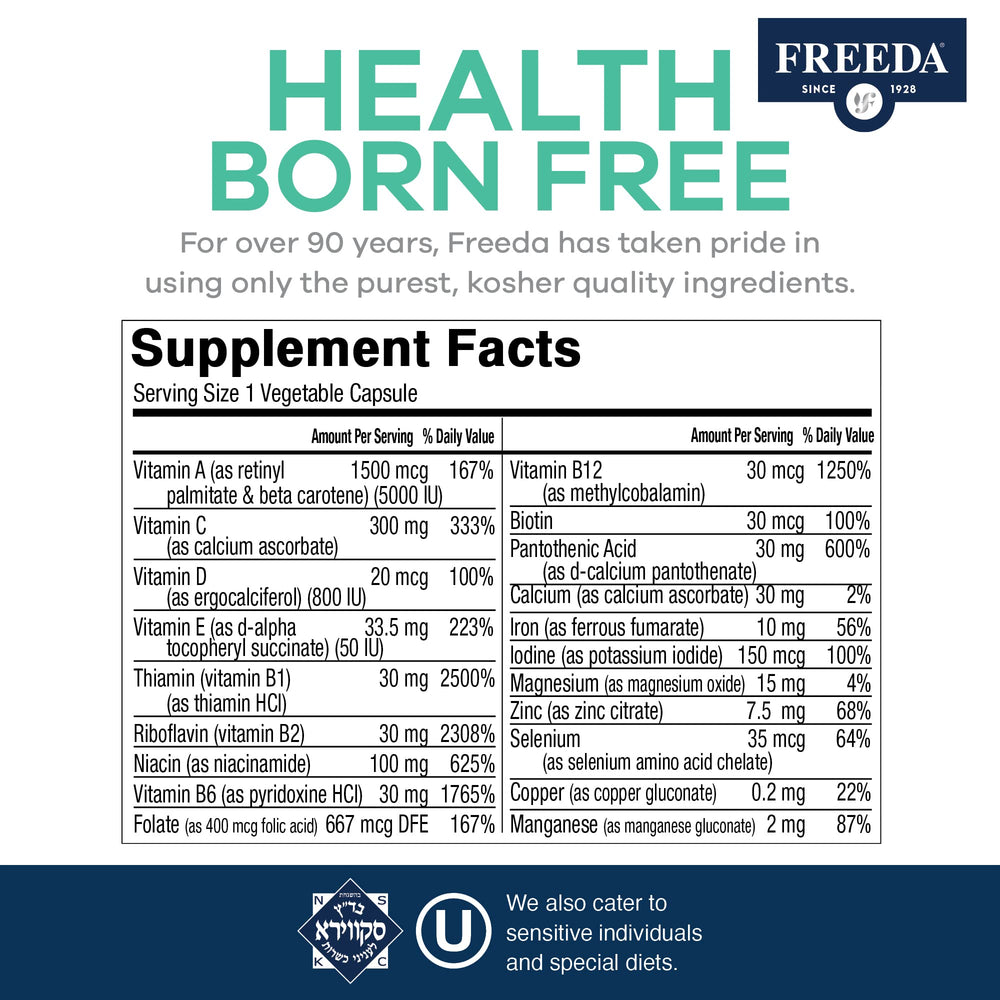 FREEDA Quintabs-M with Iron label shows Kosher certified and vegan formula.