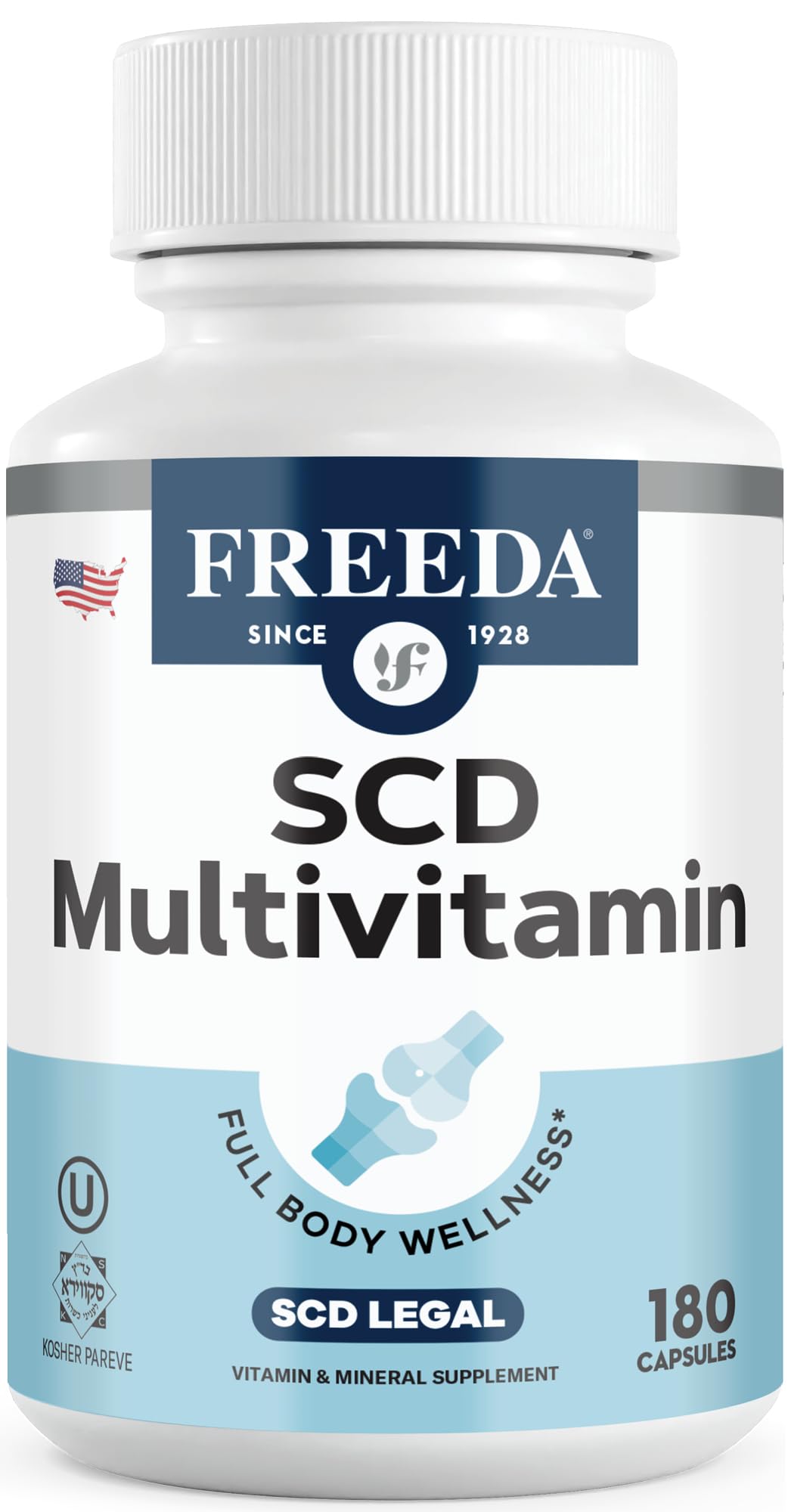 FREEDA SCD Multivitamin bottle on shelf supports daily wellness and convenient supplementation.