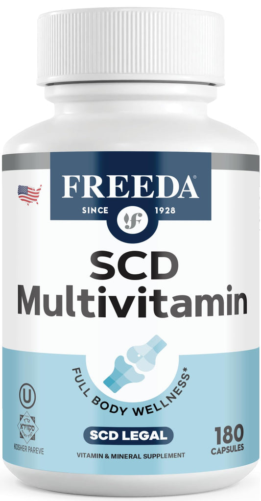 FREEDA SCD Multivitamin bottle on shelf supports daily wellness and convenient supplementation.