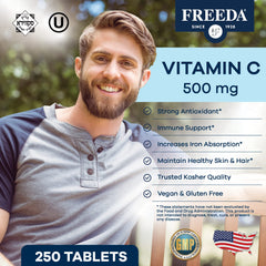 Freeda Vegan Vitamin C 500mg bottle back label with ingredients and usage information.