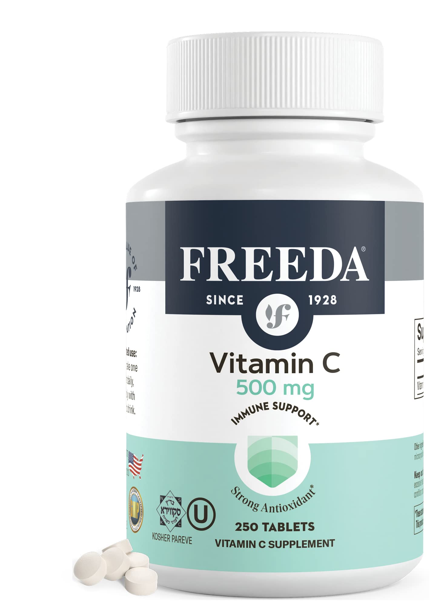 Freeda Vegan Vitamin C 500mg bottle front shows easy daily immune support.