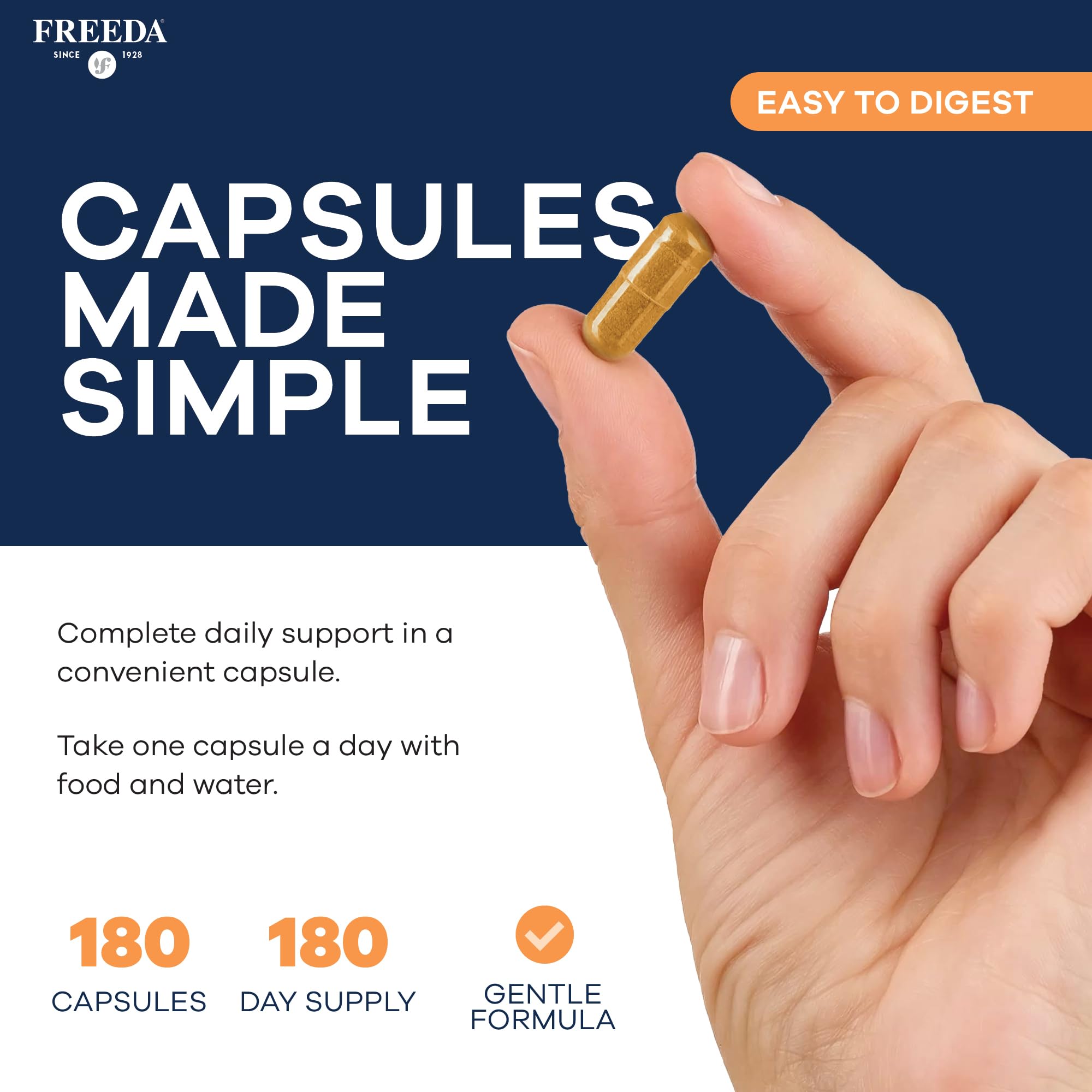 Freeda 180 capsules indicate long-term daily use flexibility.