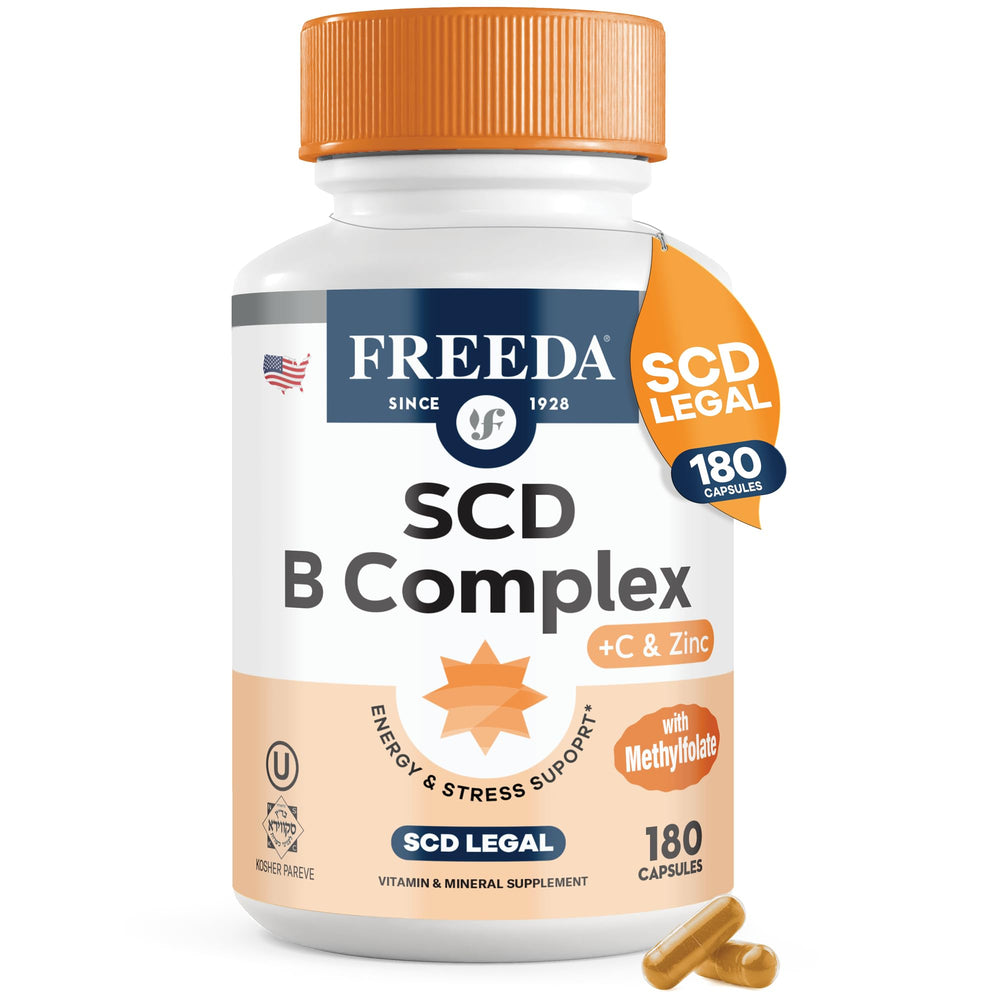 Freeda Vitamin B Complex bottle pour supports daily energy and balanced nutrition.
