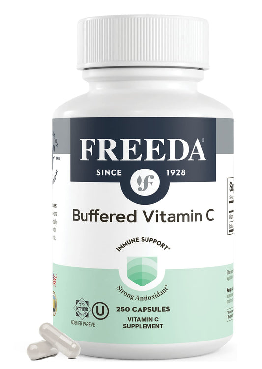 Freeda Vitamin C buffered 500mg capsules in bottle, supports daily immune health.