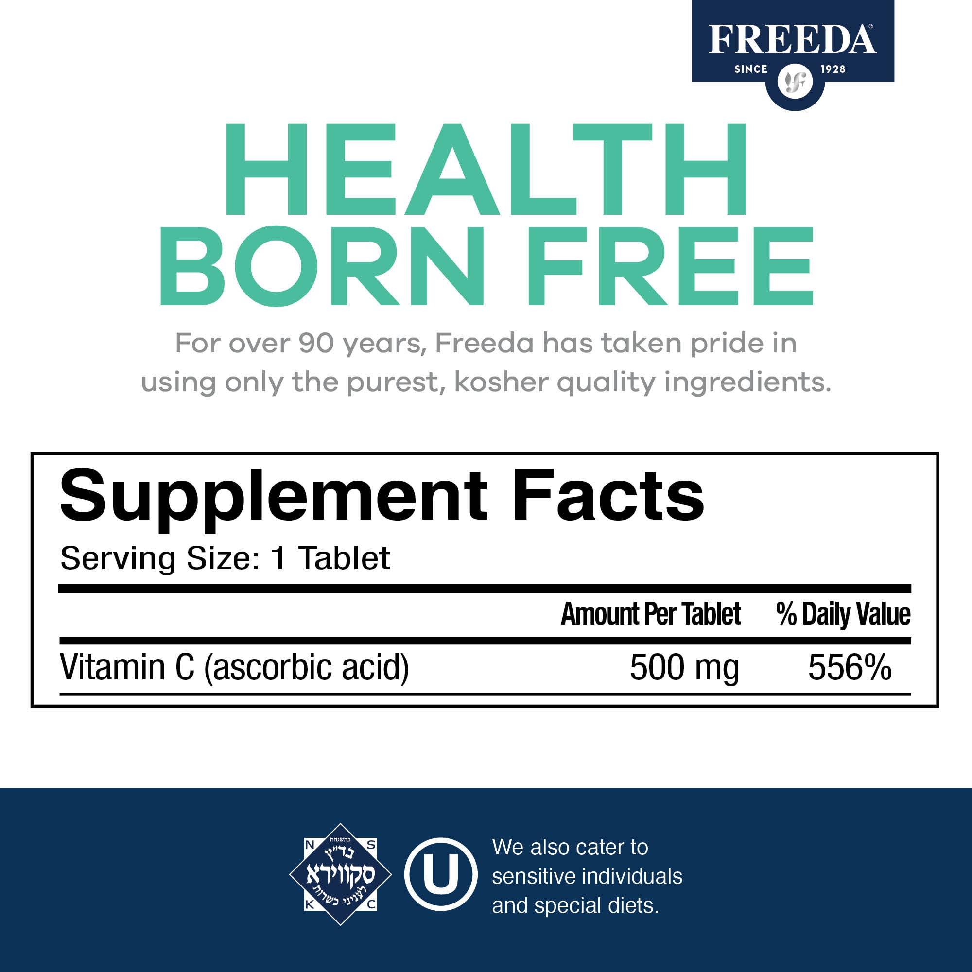 Freeda Vitamin C tablets closeup highlighting compact vegan tablets.