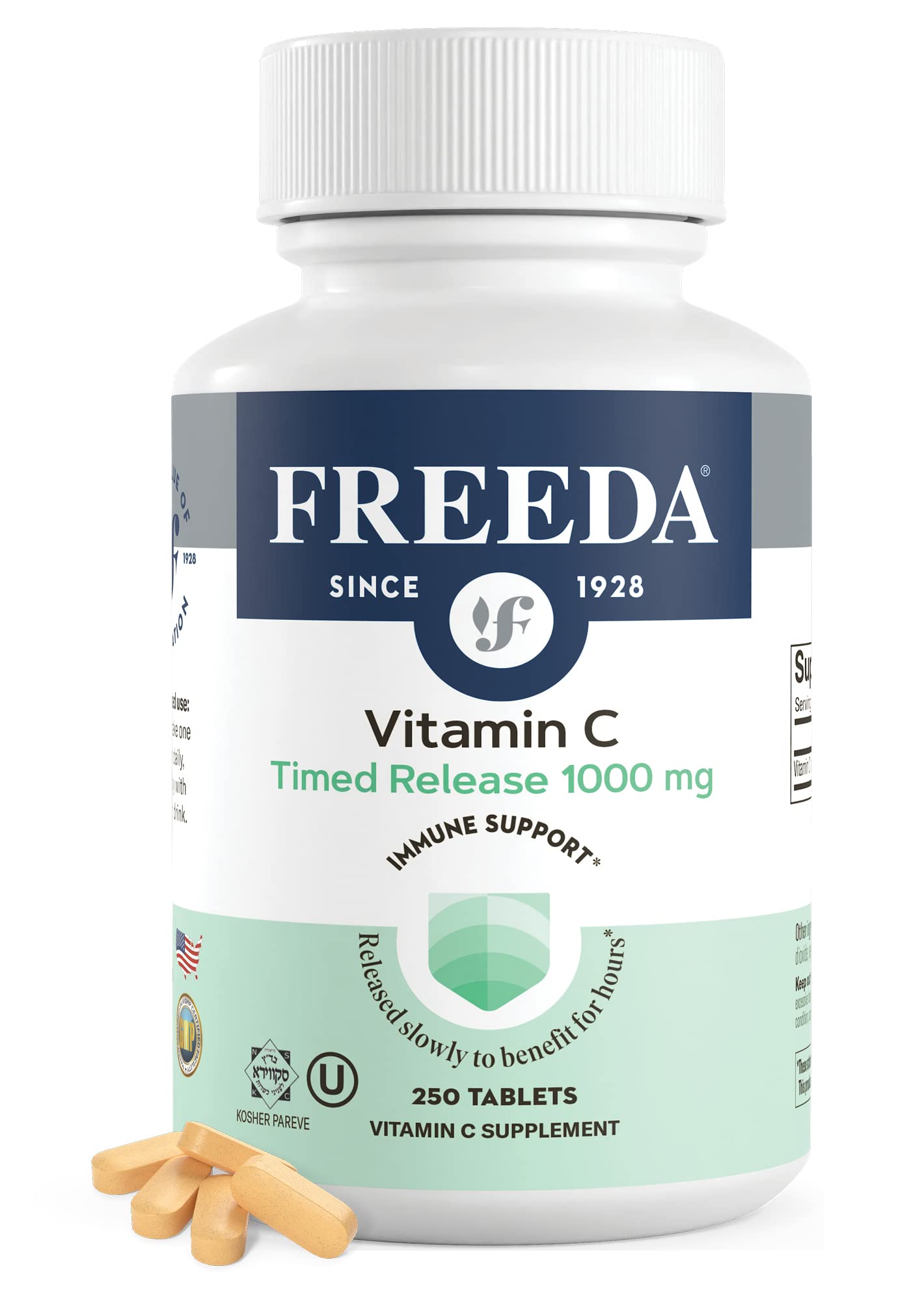 Freeda Vitamin C timed-release bottle front shows sustained, all-day vitamin delivery