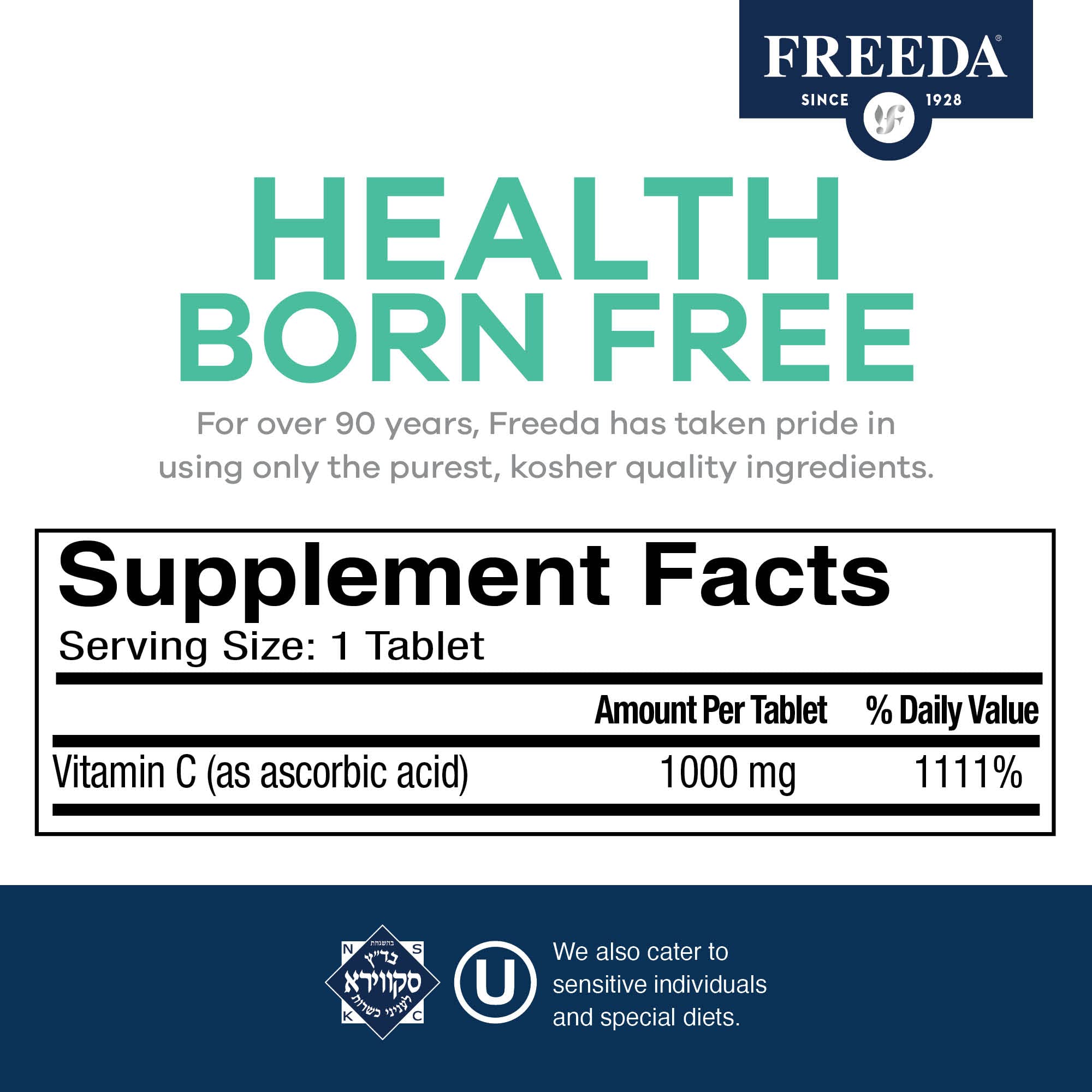 Freeda Vitamin C label closeup highlights quality and product details