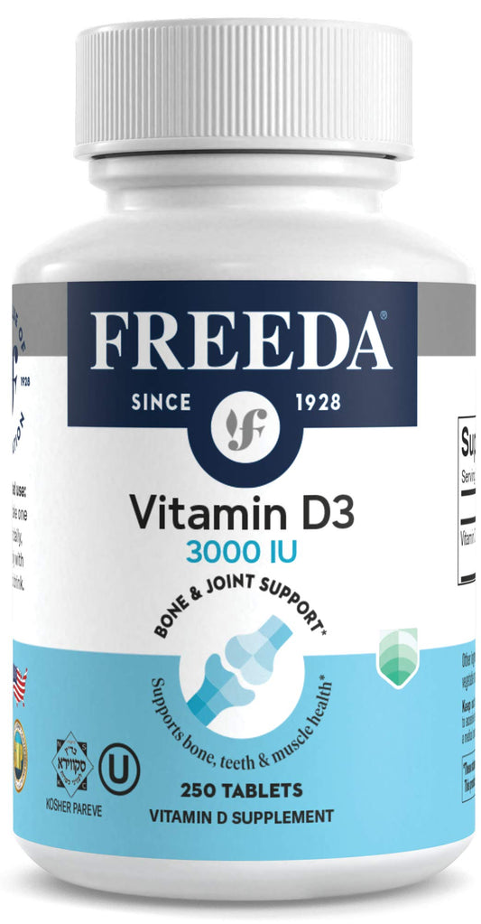 FREEDA Vitamin D3 3000 IU bottle close-up showing tiny, easy-to-swallow tablets.