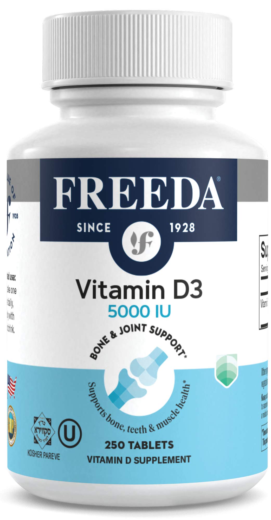 Freeda Vitamin D3-5000 IU bottle front showing high potency daily support