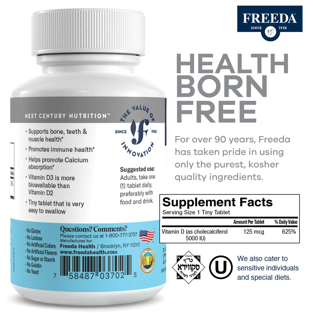 Freeda Vitamin D3-5000 IU tablets in bottle for convenient daily use