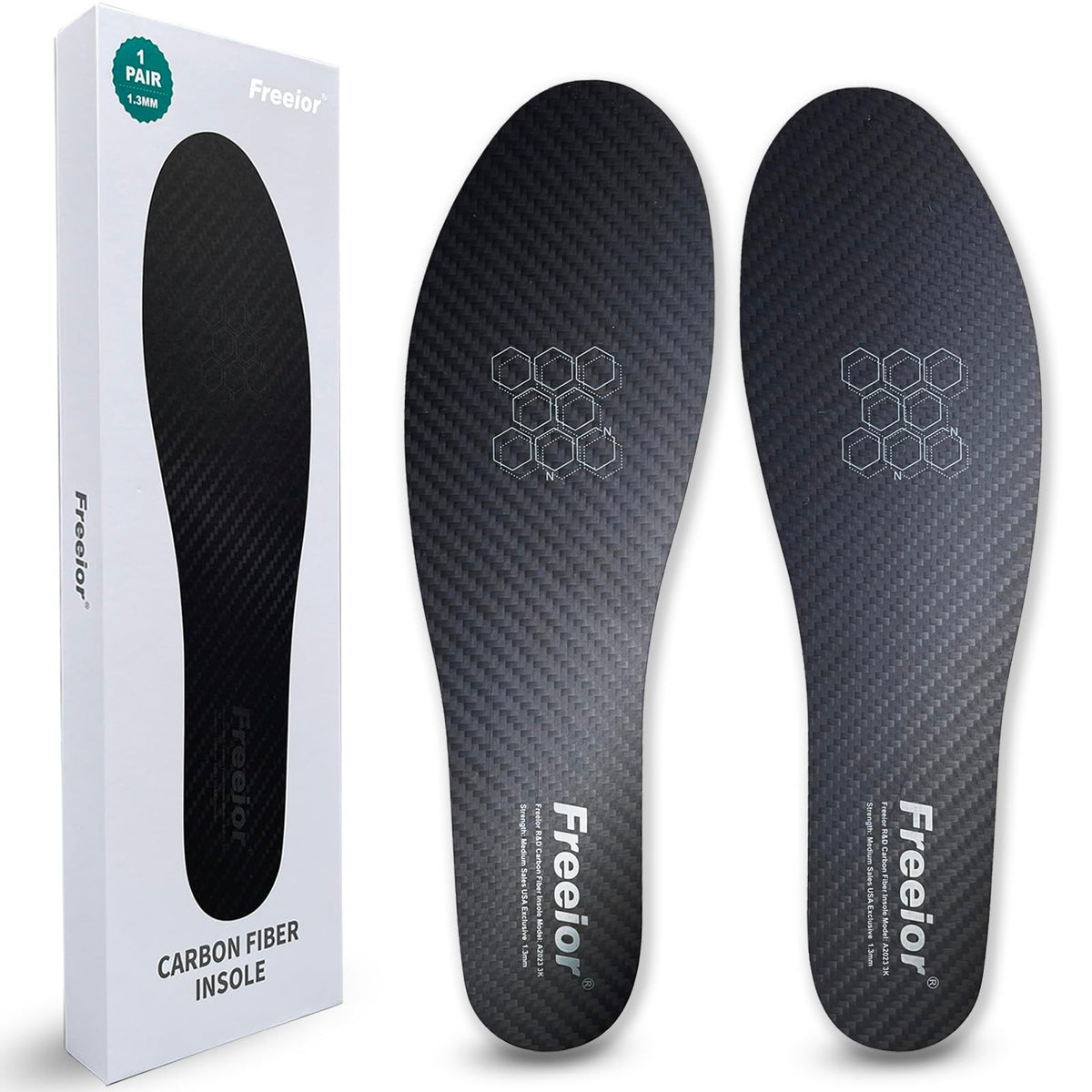 Freeior carbon fiber insole side profile showing ultra-thin rigidity for foot support.