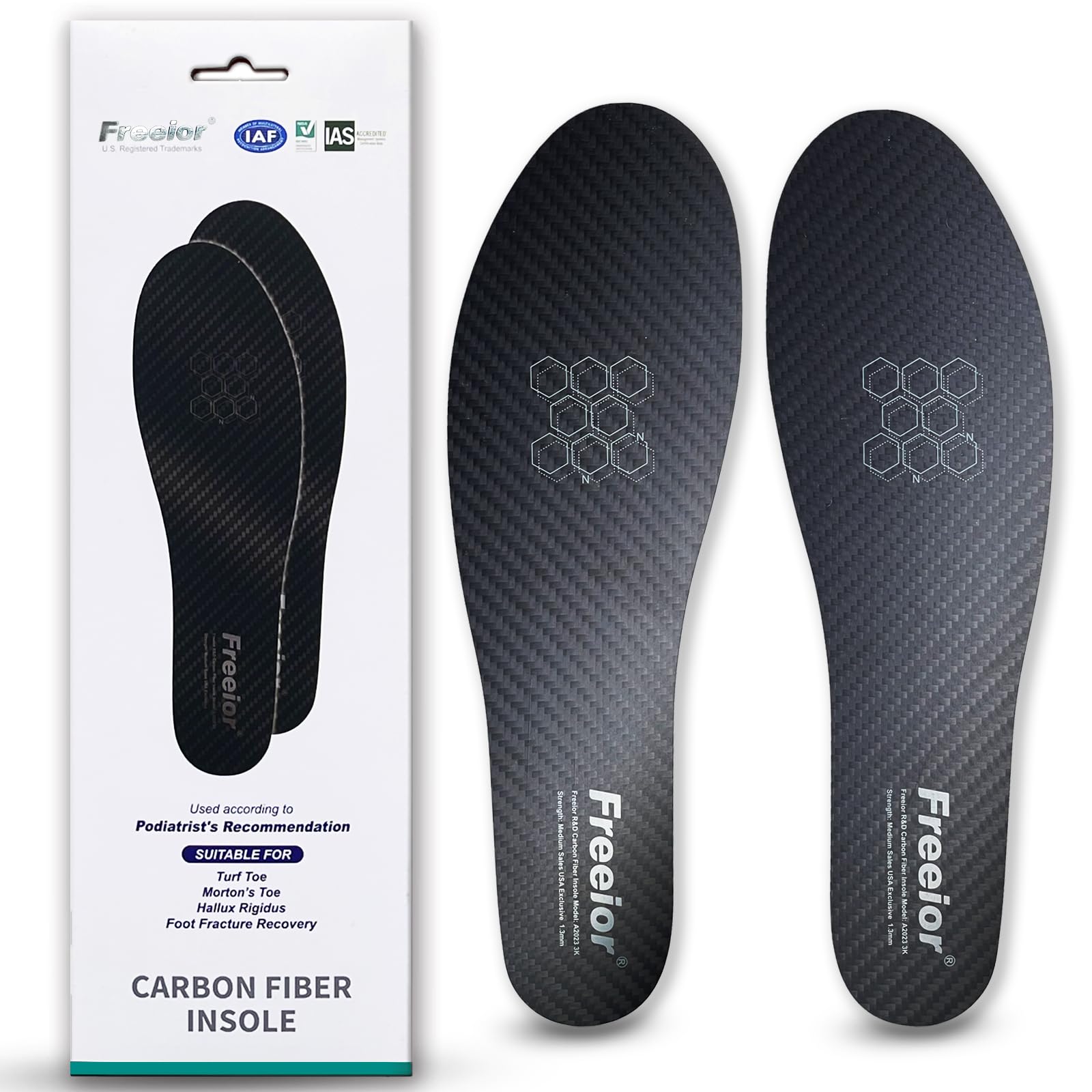 Freeior carbon fiber insole side view shows ultra-thin rigidity and structured support.