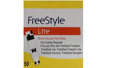Freestyle Lite blood glucose test strips in a 50-pack box for easy daily testing.