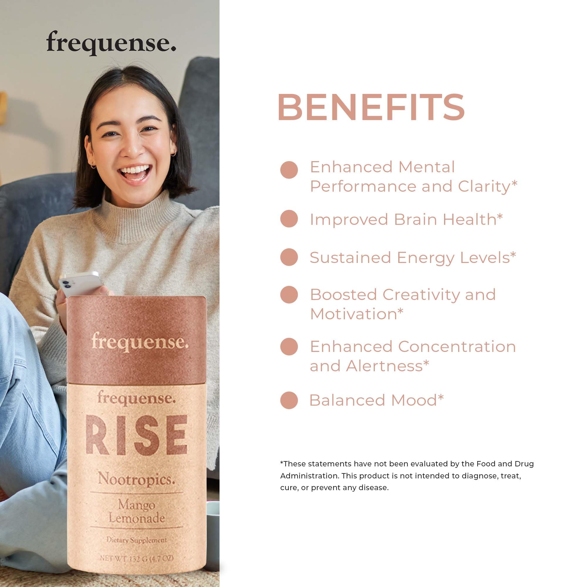 FREQUENSE Rise amino-acids blend indicating cognitive performance support.