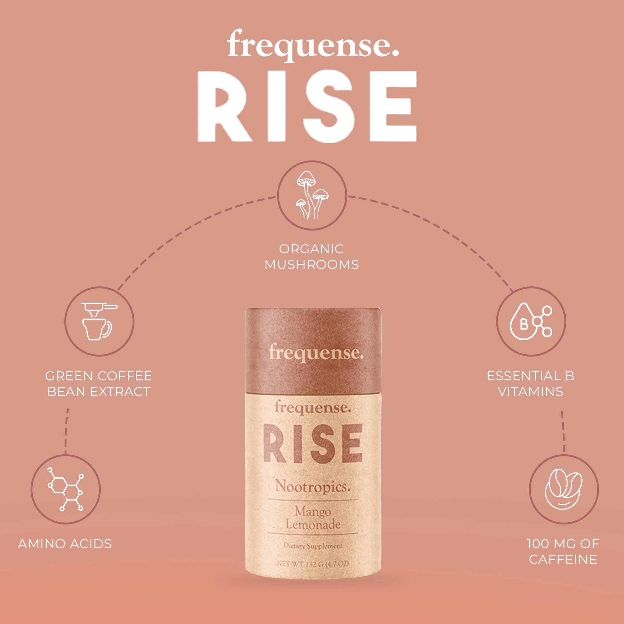 FREQUENSE Rise B vitamins bottle showing essential nutrients for brain health.