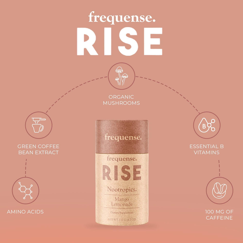 FREQUENSE Rise B vitamins bottle showing essential nutrients for brain health.