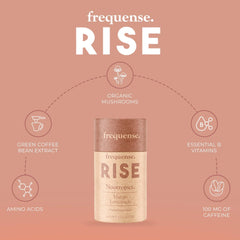 FREQUENSE Rise B vitamins bottle showing essential nutrients for brain health.