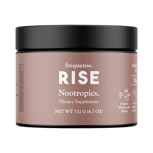 FREQUENSE Rise bottle label highlights mango lemonade flavor and mushroom blend for cognitive support.