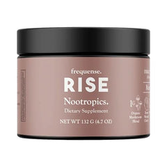 FREQUENSE Rise bottle label highlights mango lemonade flavor and mushroom blend for cognitive support.