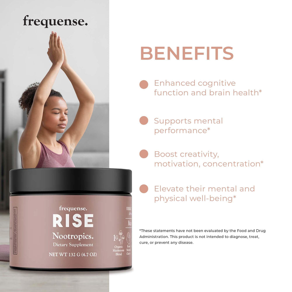 FREQUENSE Rise ingredients panel with B vitamins and green coffee caffeine.